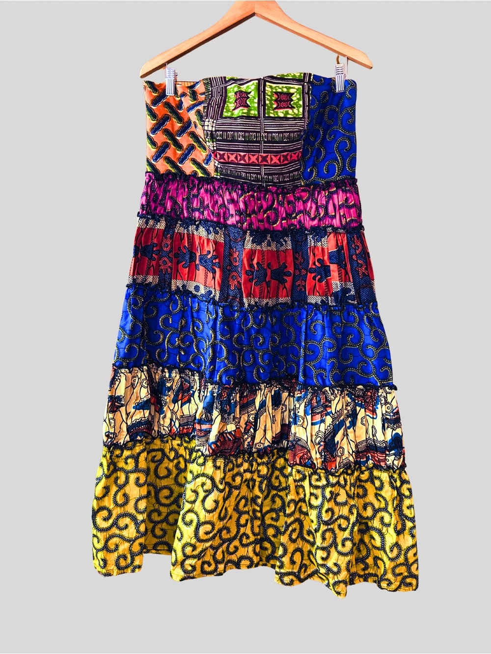 Boho Strapless Patchwork Midi Dress • Blue, Yellow & Pink African textile design